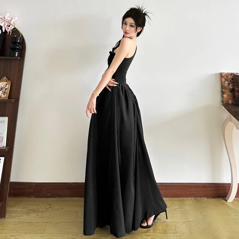 SylCue 3d Flower Decoration Long Dress Women Irregular Skew Collar Backless Sleeveless Prom Party Elegant A-Line Solid Vestidos