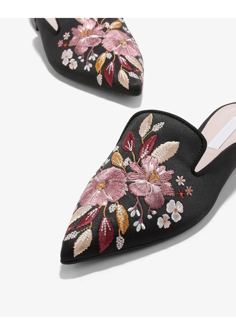 Lady\'s Embroidery Flowers Slippers Pointy Toe Slides Chinese Style Blue Black Yellow Plus Size 40-3 Summer Outdoor Footwear Cute