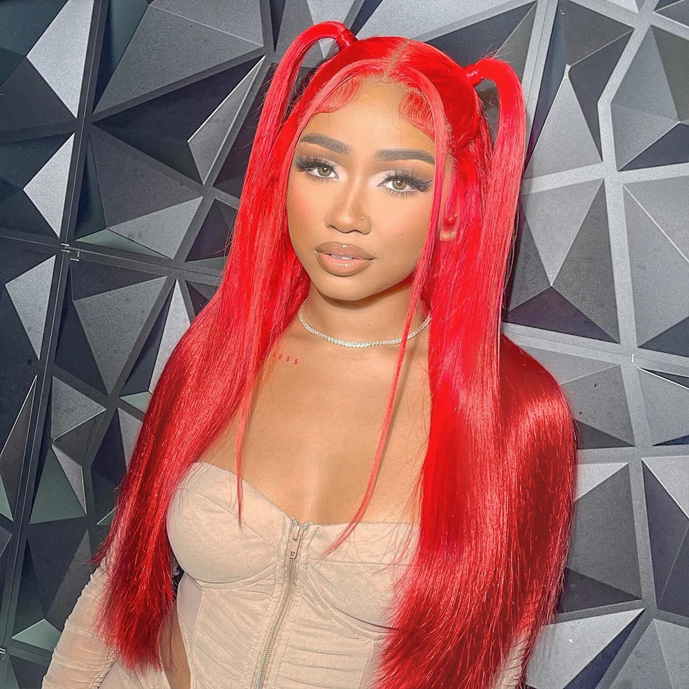 36 بوصة العظام مستقيم الساخن الأحمر الدانتيل أمامي خصلات الشعر المستعار الإنسان قبل نتف البرازيلي بورجوندي 13x4 13x6 الدانتيل شعر مستعار أمامي للنساء