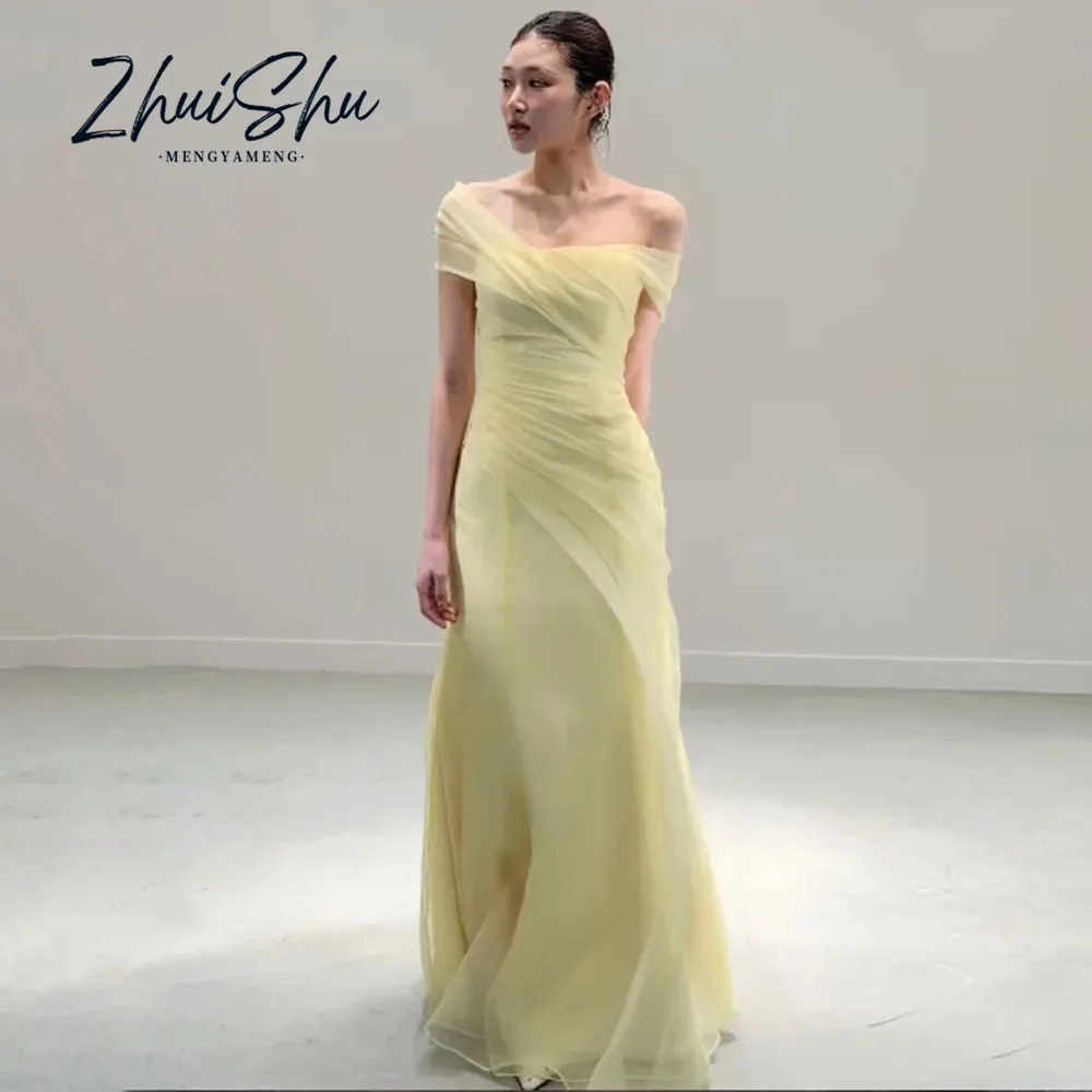 Weiche gelbe koreanische Brautkleider aus Organza, schulterfrei, A-Linie, maßgeschneidert, formelle Hochzeitsparty-Kleider, Fotoshooting
