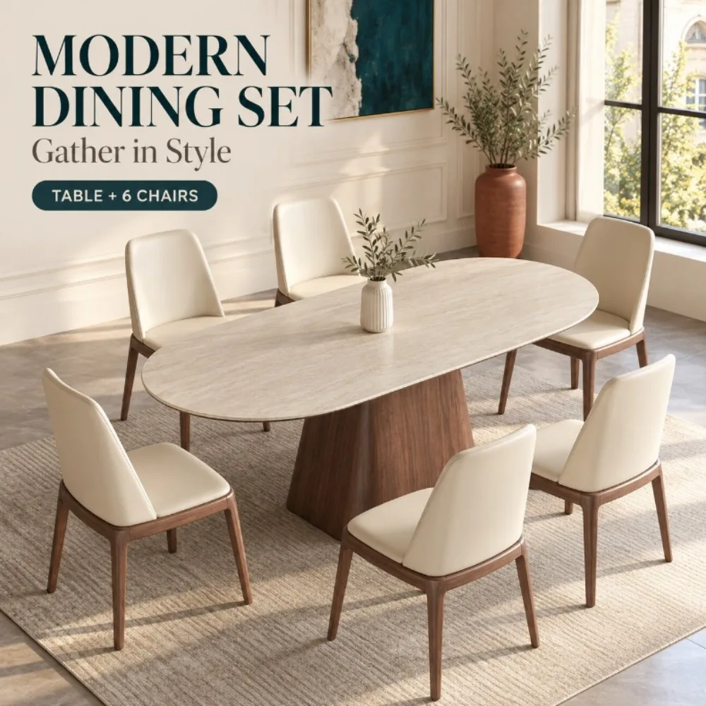 Rock Slab Dining Table Set, Modern Minimalist Rectangular Solid Wood Retro Dining Set for Small Apartment Home Dining Room