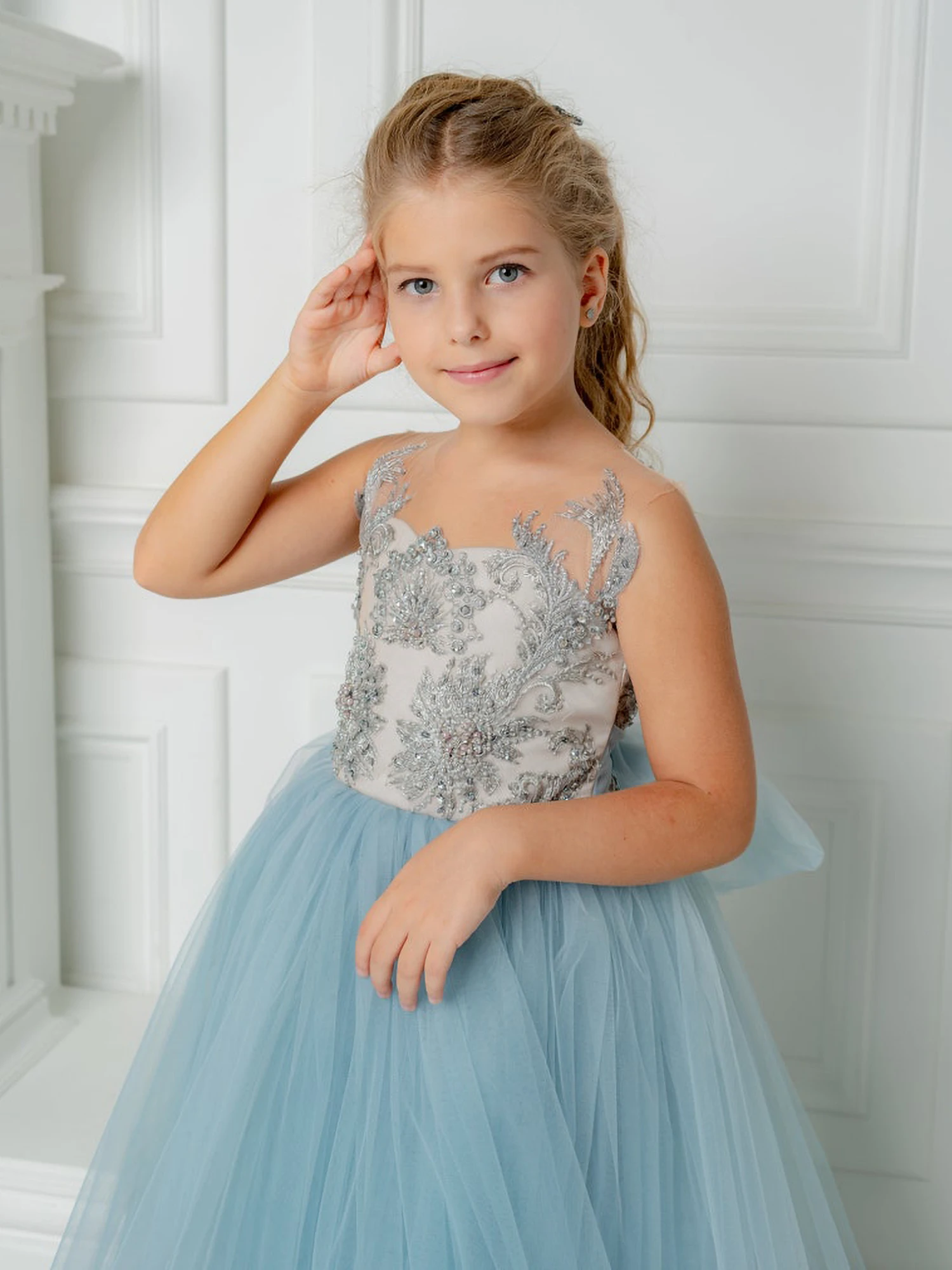 Misshow Flower Girl Jurken Voor Bruiloft Appliques Kralen Mouwloze Kleine Meisjes Optocht Jurken Strik Verjaardagsfeestje Kids Jurk