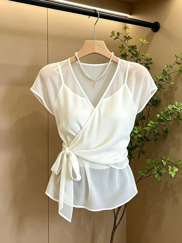 

Slimming Effect Summer New Style Korean Gentle Waist-Cinching Casual Fashion Simple Style Women's Shirt Commute Style Short S...