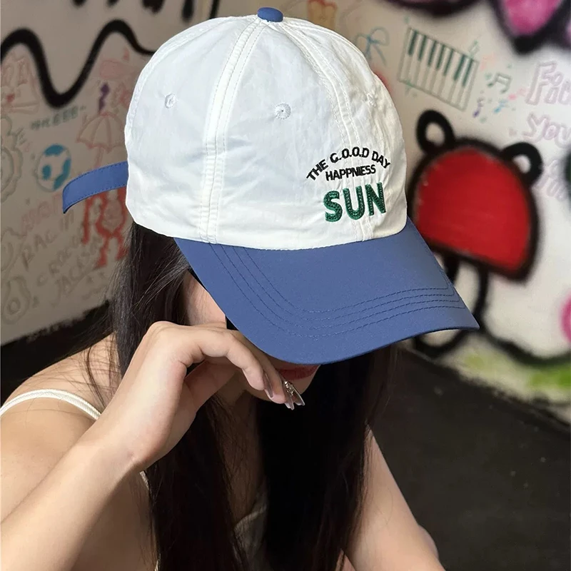 Korean Letter Embroidery Quick Drying Baseball Hats New Unisex Breathable Color Block Sunshade Versatile ins Fashion Peaked Caps