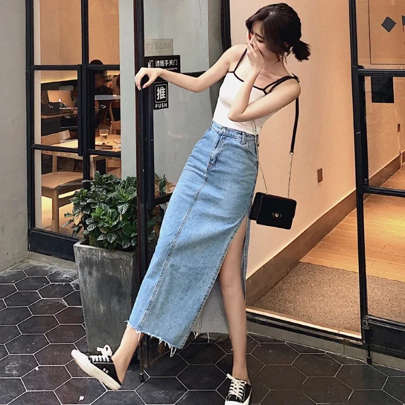 REALEFT 2025 Summer New Denim Skirts for Women Vintage High Waist Side Split Casual Long Pencil Solid Women's Skirts Female