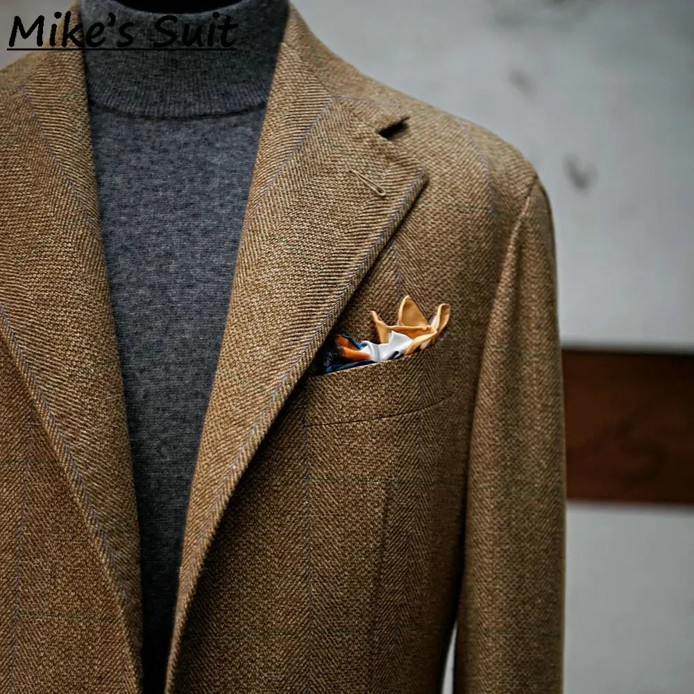 Men Notch Lapel Suit Blazer, Vintage Brown Herringbone Windowpane Check Wool Tweed Fabric, Casual Country Wedding Jacket