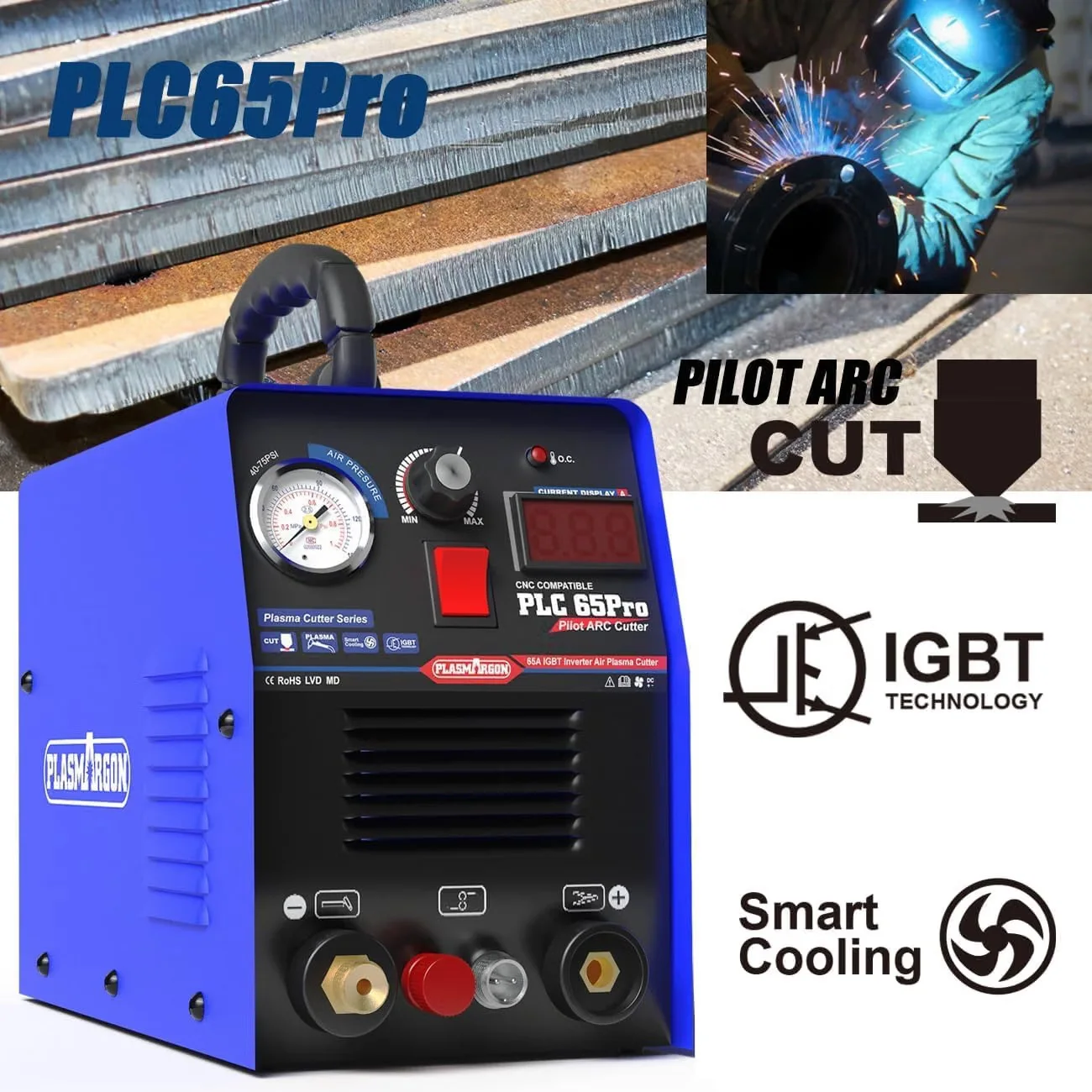 PLASMARGON 65A Plasma Cutter,Non-Touch Air Plasma Cutting Machine,Pilot Arc IGBT Inverter,18MM Max Cuts,DIY/Beginner Friendly