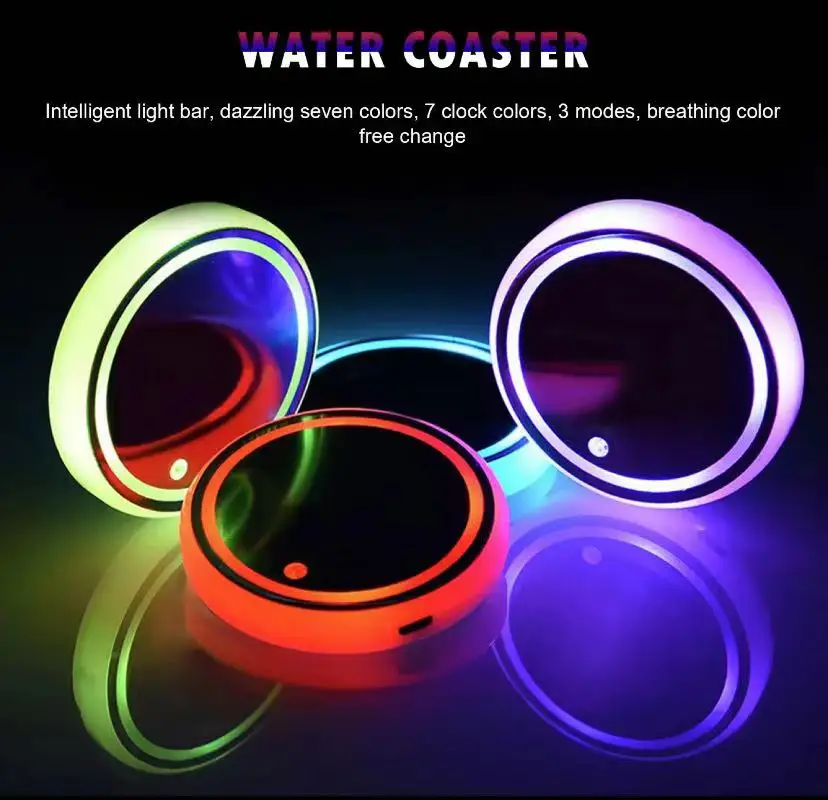 Car Led Water Cup Groove Mat Luminous Coasters with 7 Colors Changing Light USB Charging Intelligent Luminescence Non-slip Mat