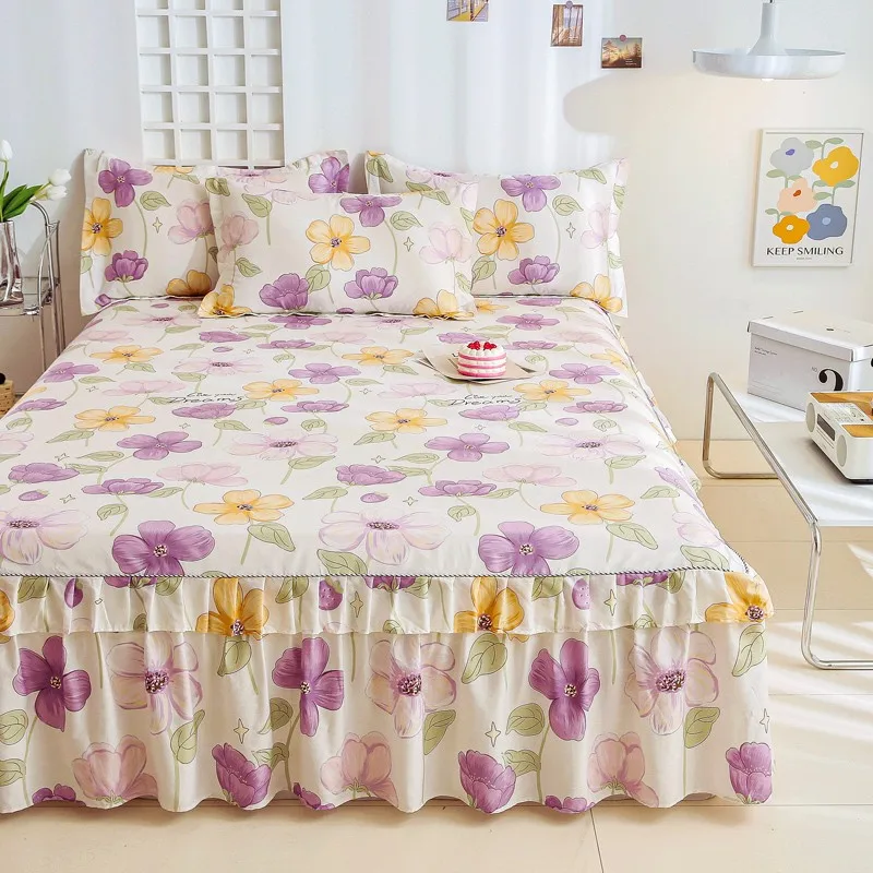 100% Cotton Botanical Floral Bed Skirt Set Soft Flower Fitted Sheet 3 Side Coverage Drop Dust Ruffle 1 Bed Sheet & 2 Pillowcases