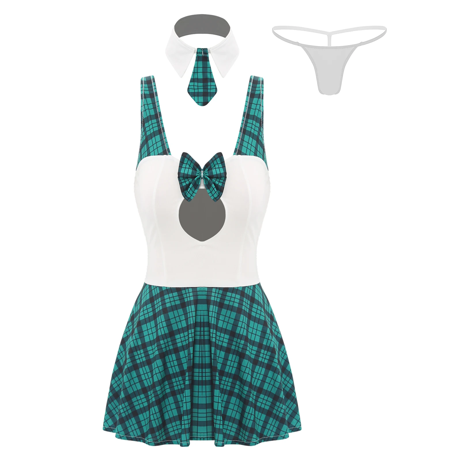 

Schoolgirl Student Lingerie Role Play Dress Costume Women Sexy Checkered Cami Mini Short Dress with Thong Choker Erotic Set