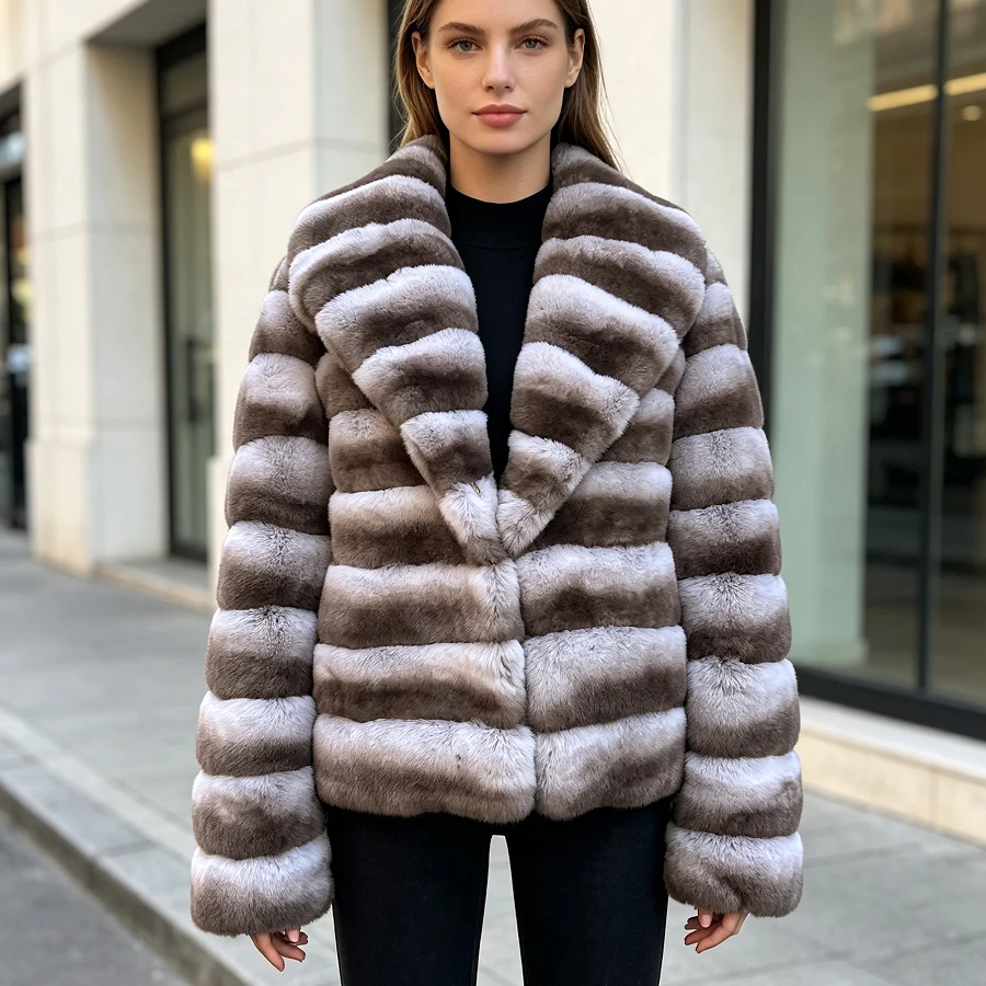 Real Rex Rabbit Fur Coat With Lape Women Chinchilla Fur Coats Best Seller Natural Fur Jacket Women's Winter Coat