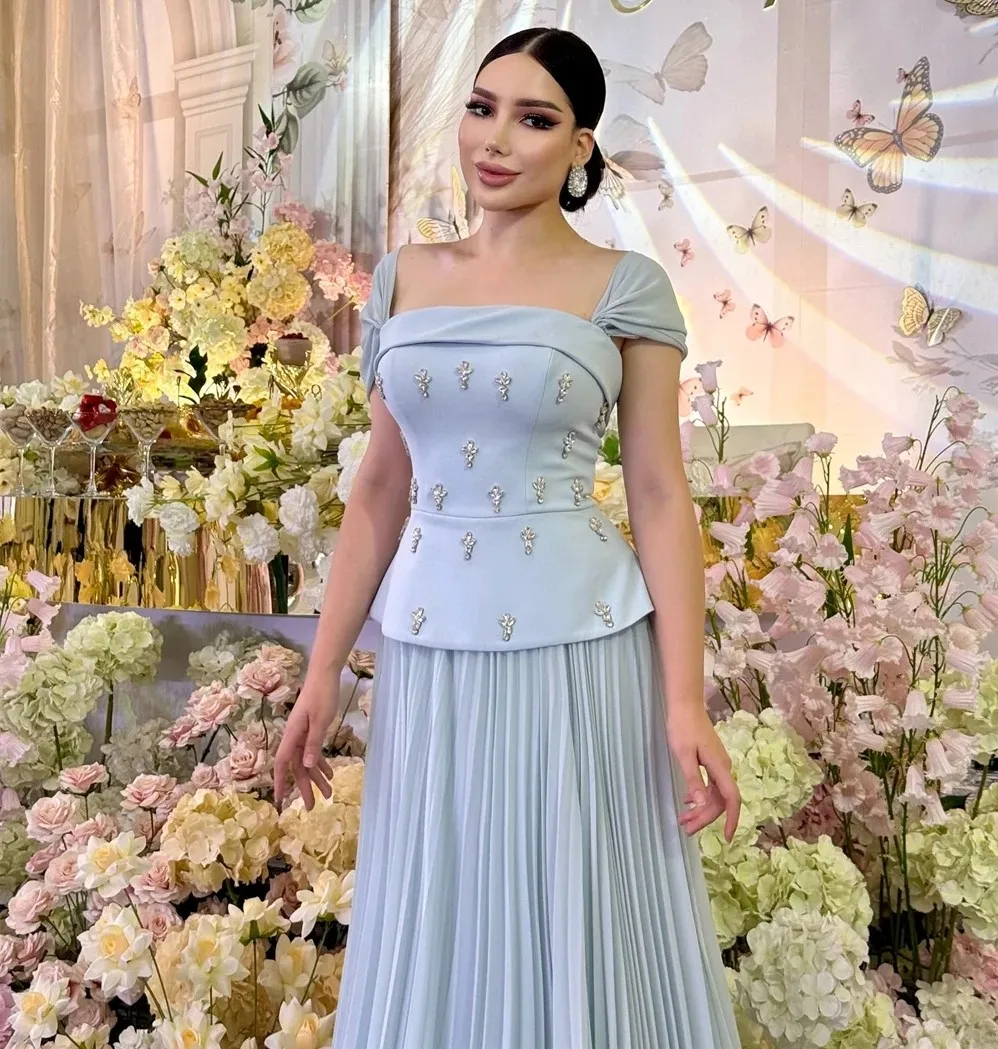 Elegantes blaues Abendkleid für Promis, quadratischer Kragen, Falten, Kristallperlen, Satin, Abschlussball, formelle Kleider, Robe De Soiree