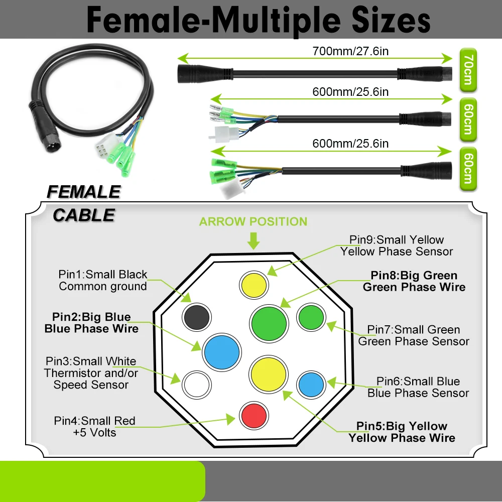 

Electric Bicycle Julet 9Pin 600mm Cable Hub Motor Female/Male Extension Cable Conversion Cable for Electric Bicycle Accessories