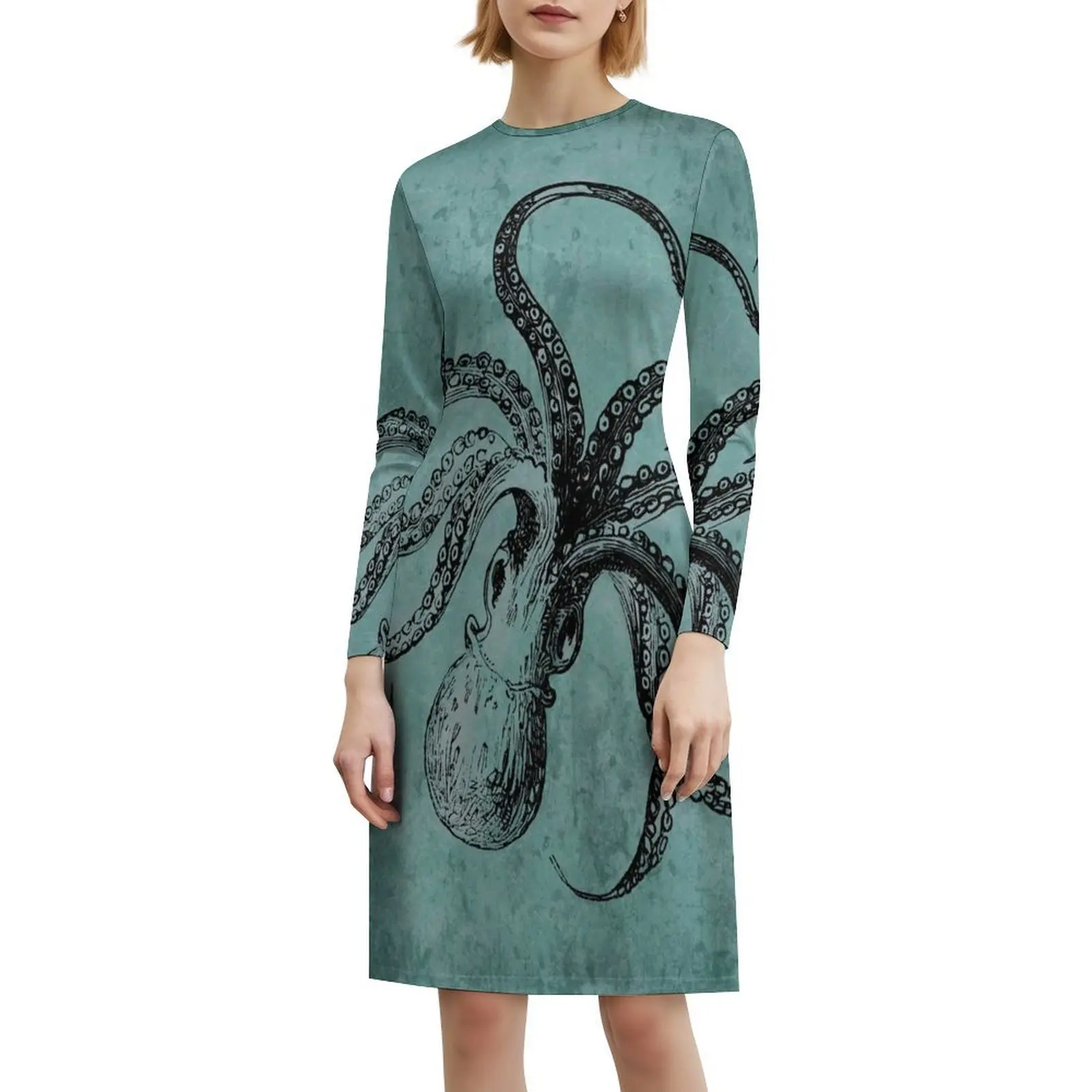 ヴィンテージ オクトパス ボヘミアン ノースリーブ ドレス マルチプリント ビーチ バケーション パーティー ドレス ヴィンテージ オクトパス 海 海の生き物 自然 女性