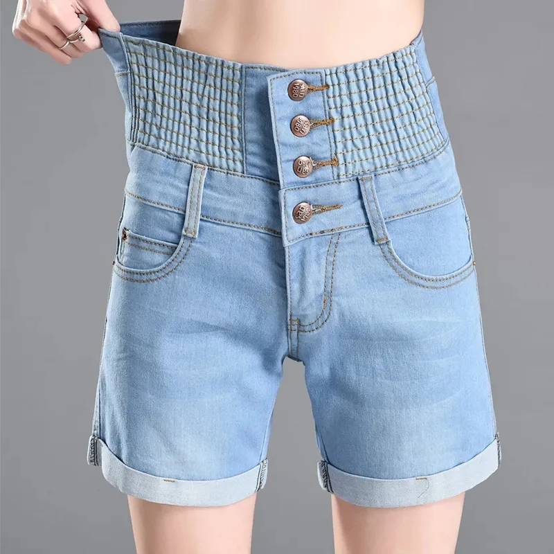 2022 neue Frauen Plus Größe Jeans Shorts Frauen Hohe Taille Direkt Stretch Taille Blau Denim Shorts Weiblichen Sommer Dame Shorts