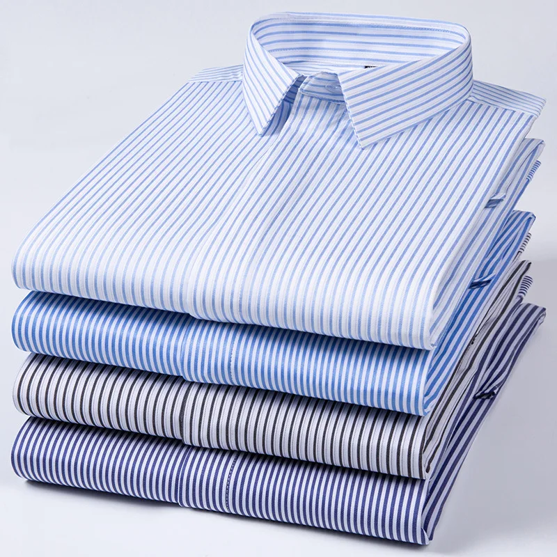 

7XL Elasticity Mens Shirts Long Sleeve Big Sizes Anti-wrinkle Business Stripe Shirt Hidden Button Classic Style