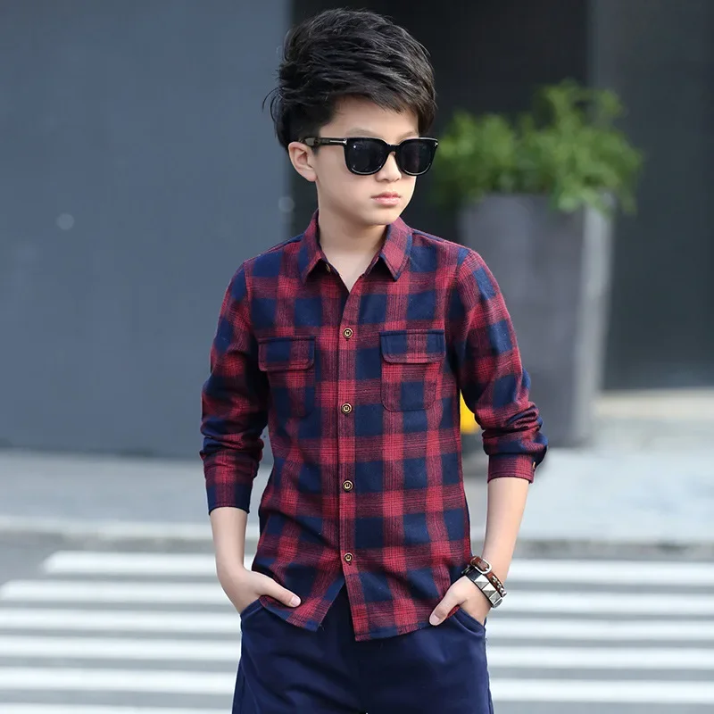 Boys Shirts Fashion Children Plaid Shirts Cotton Long Sleeve Boys Tops Shirt Teenage Kids Boys Clothes 5 6 8 9 10 12 14 15 Years