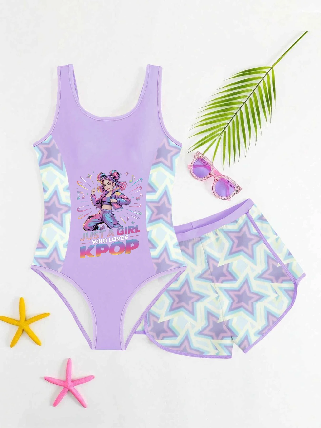 Sommer-Badeanzug-Set für Mädchen: Einteiliger Badeanzug mit K-Pop-Cartoon-Idol-Print + Badehose (2-teiliges Set) – Strand-Badebekleidung für Kinder, Ava – Detail 4