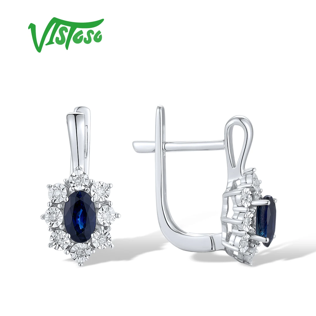 VISTOSO Genuine 14K 585 White Gold Clip Earrings For Women Sparkling Diamonds Blue Sapphire Fantastic Wedding Fine Jewelry