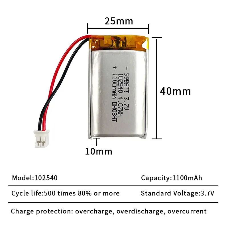 Bateria 3.7V 1100mAh 102540 Litowo-jonowa Polimerowa do Lokalizatora GPS, Odtwarzacza MP3, Słuchawek Bluetooth, Prostownicy do Włosów — zdjęcie produktu 3