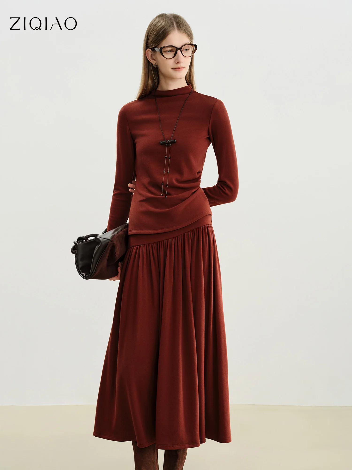 

ZIQIAO 2025 Autumn Winter Women's Red Half Turtleneck Knit T-Shirt Dress Set - Stretchy Two Piece Outfit for Casual