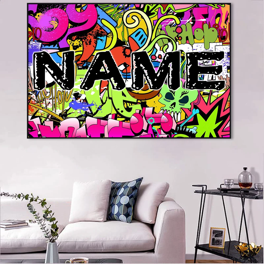 

Personalised Name Graffiti Wall Art Canvas Painting Print Colourful Pop Poster Customizable Picture for Room Home Decor Cuadros