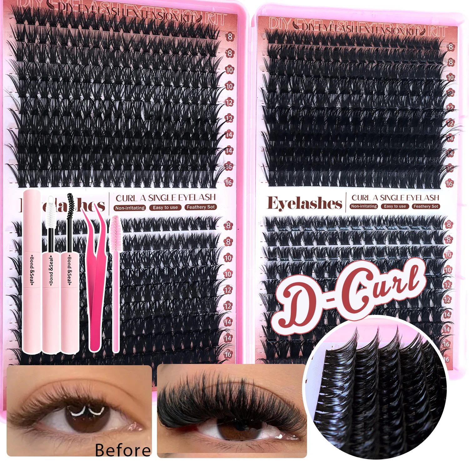 800/740/600/280Pcs Individual Lash Cluster Set, D Curl 9-16mm Effect DIY Handmade False Eyelashes, with Glue Tweezers and Brush,