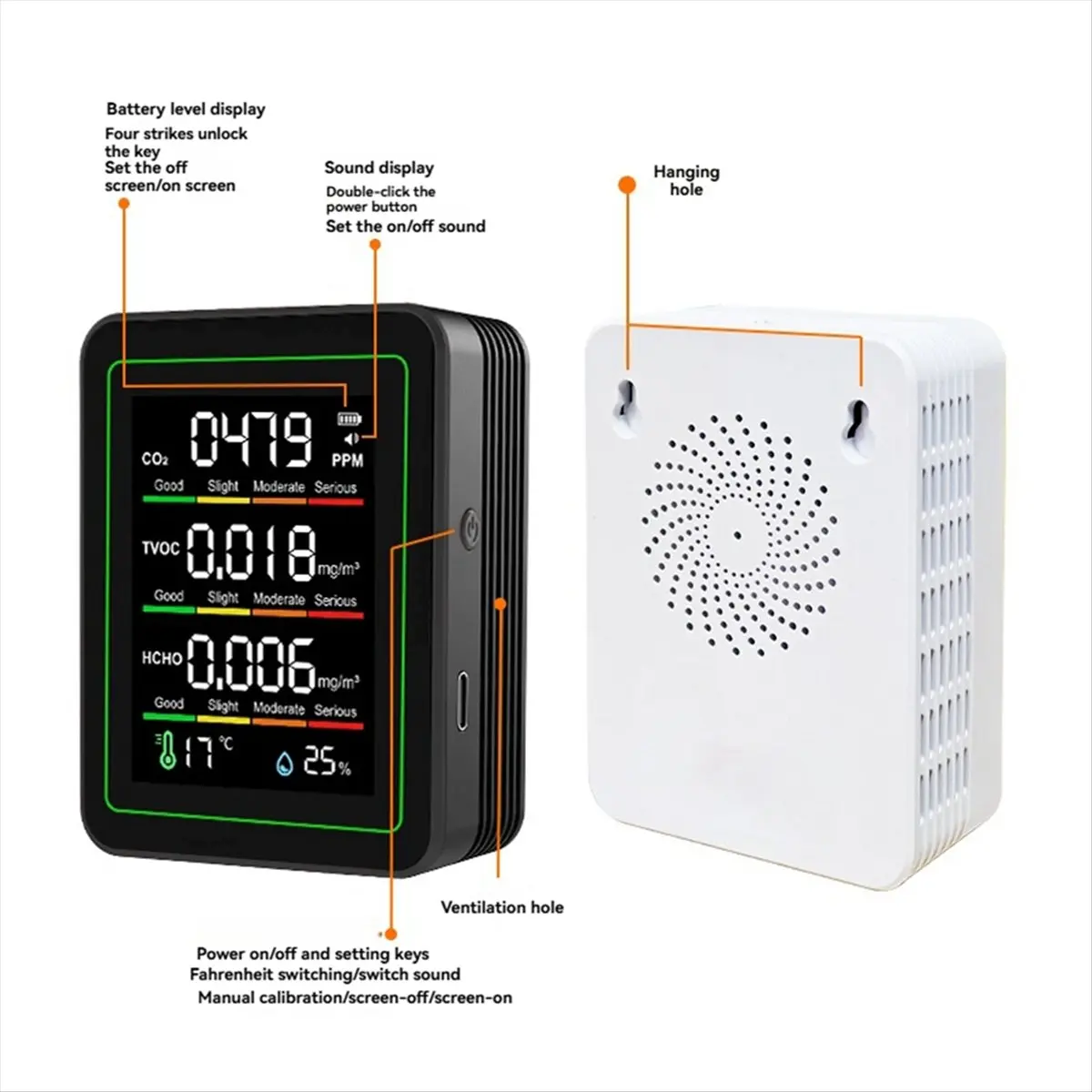 Goodprice Indoor Air Quality Monitor,CO2 Monitor/Temperature/Formaldehyde Detector TVOC for Rooms,Grow Tents with Bracket White