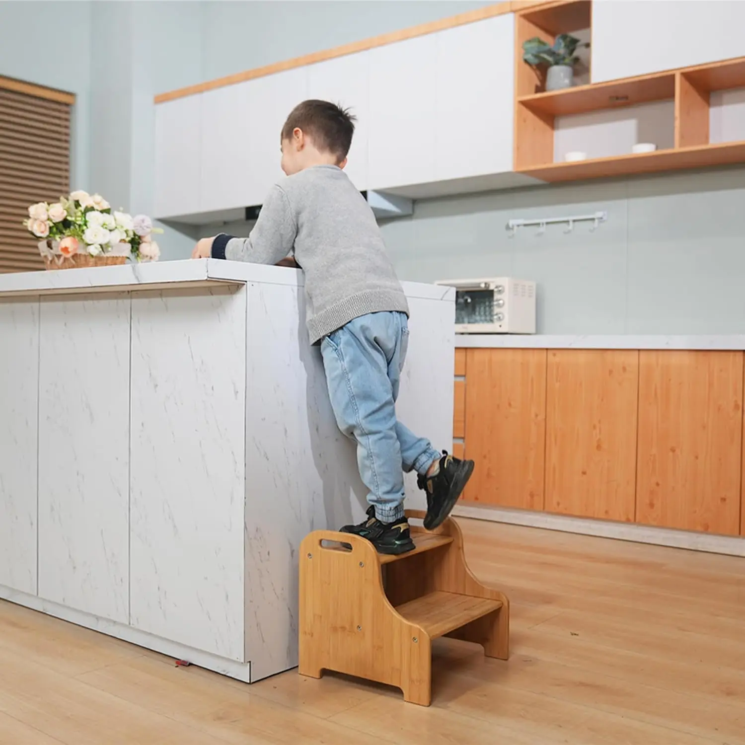 Bamboo 2 Step Stool with Non-Slip Step Treads and 2 Cutout Handles
