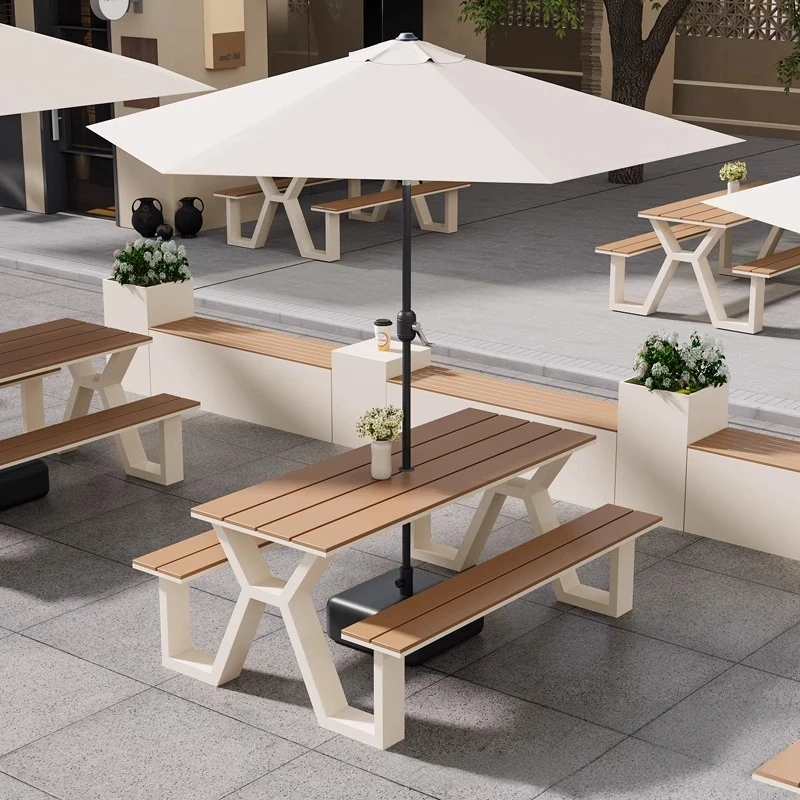 !@Modern Design Integrated Plastic Wood Outdoor Furniture Set Square Umbrella Leisure Net Milk Tea Shop Use for Parks Courtyards