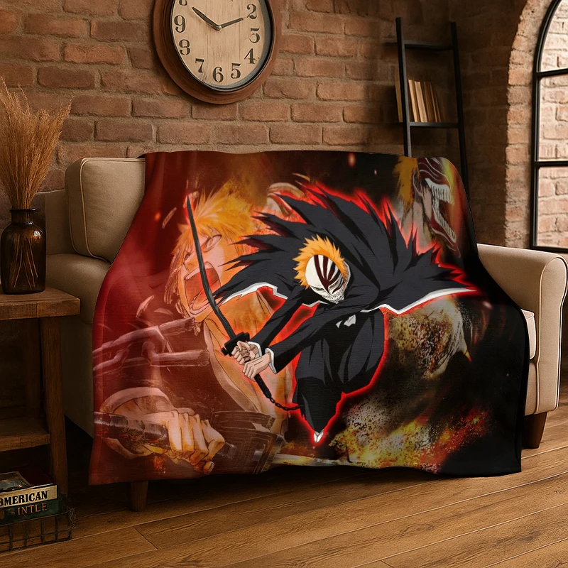 Retro Bleach Anime Kurosaki Ichigo Cartoon Flannel Blanket Soft Warm Throw Blanket for Bedroom Living Room Bed Travel Picnic