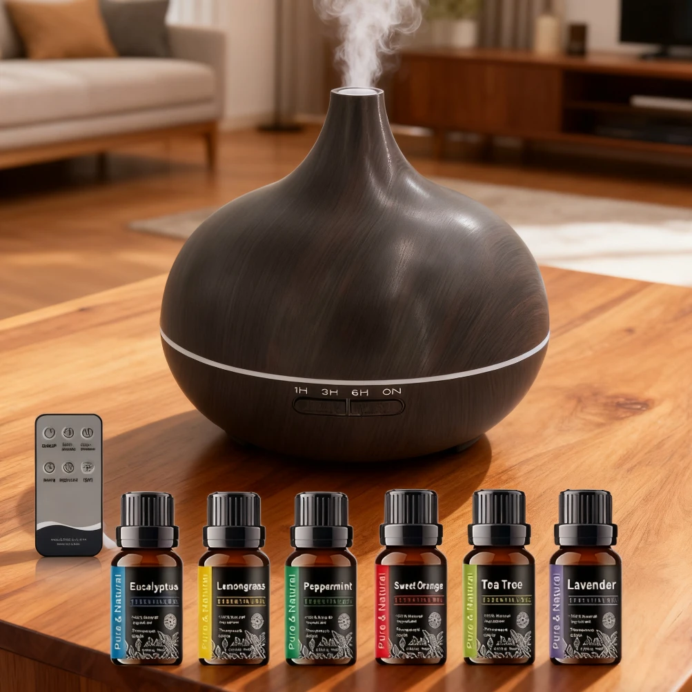 

Диффузор эфирного масла под дерево, 550 мл, с ультразвуковым увлажнителем холодного тумана с дистанционным управлением, 7-цветная светодиодная подсветка и 6 эфирных O