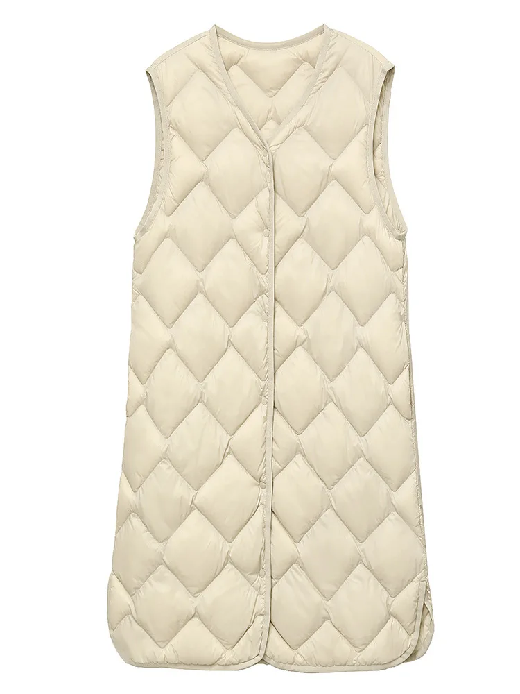 

New Long Ultra Light Down Vest Women Duck Down Vests Female Diamond Warm Lighteight O-neck Coat