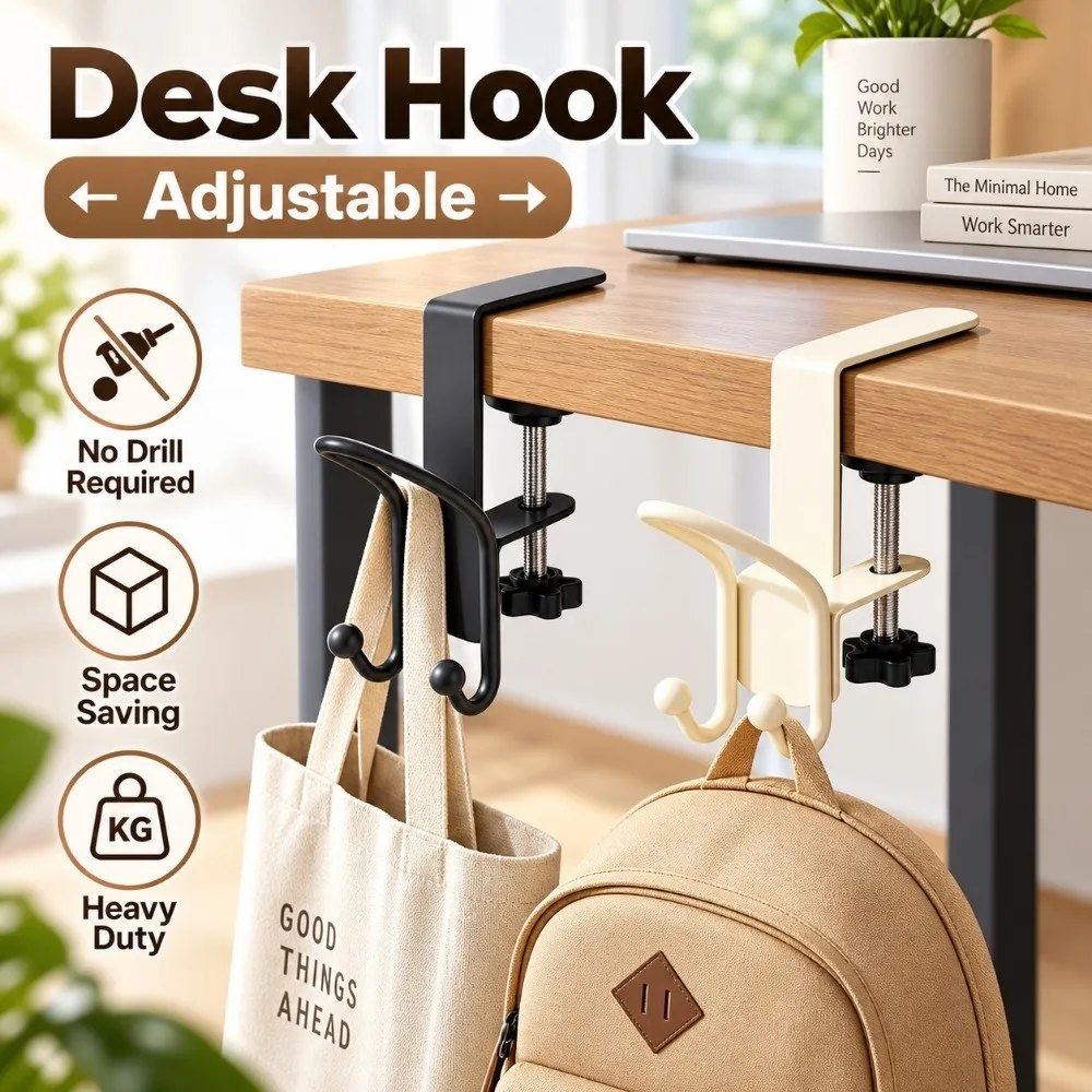 Multi Functional Adjustable Desk Hook No Drill Rotatable Table Edge Hook Heavy Duty Space Saving Backpack Hook Office