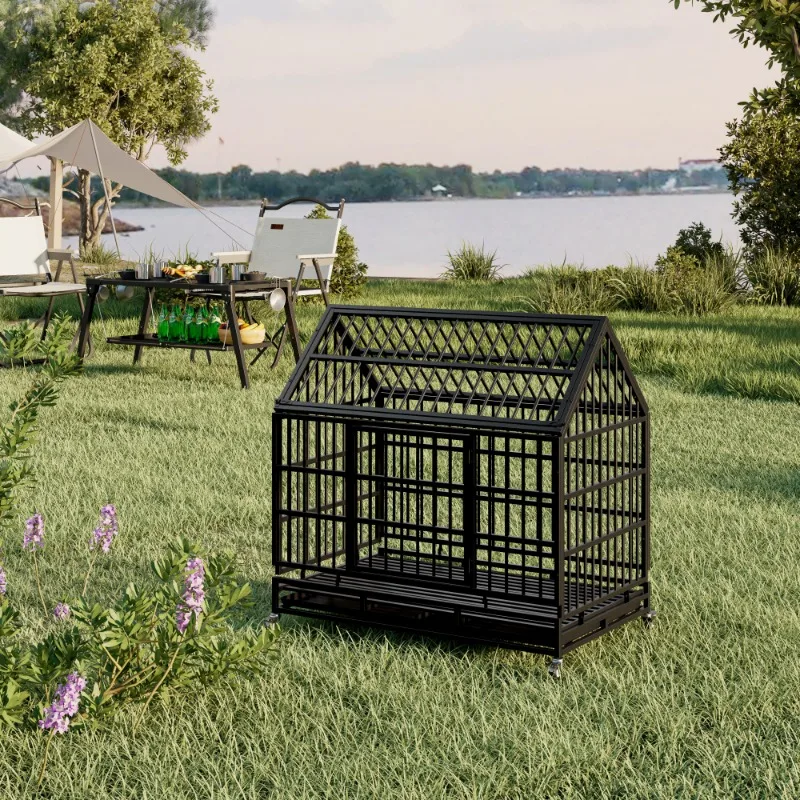 الثقيلة الكلب قفص عجلات للطي قفص معدني كبير متوسط الكلاب أشار سقف للإزالة صينية بيت الحيوانات الأليفة قوي