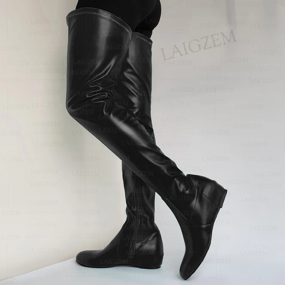 LAIGZEM Women Thigh High Boots Faux Leather Round Toe Side Zip Mid Hidden Heels Boots Ladies Shoes Woman Big Size 37 42 44 50 52