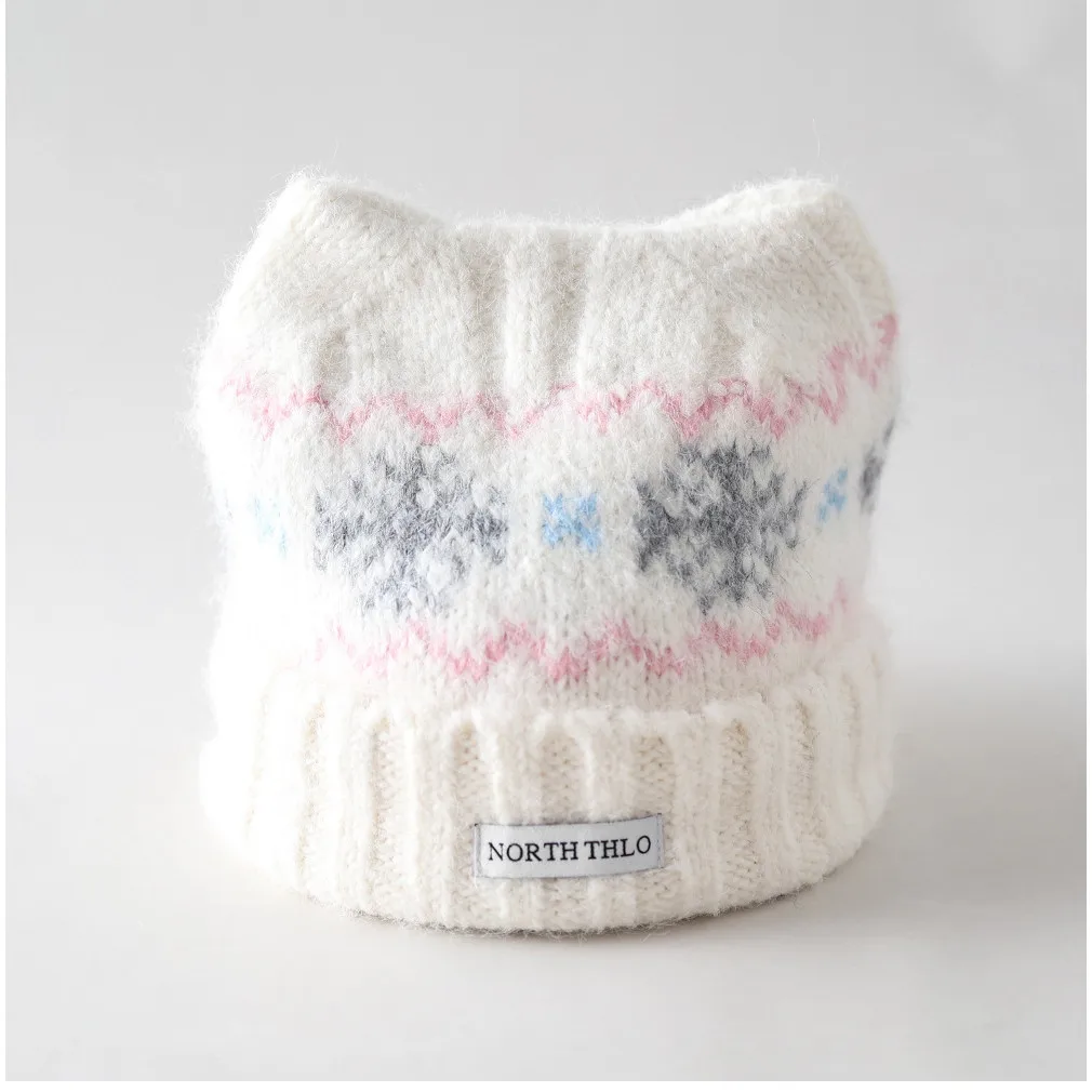 Cute Cat Ear Wavy Snowflake Cloth Label Knit Beanie Cap Women Autumn Winter Windproof Warm Earflap Versatile Unique Knitted Cap