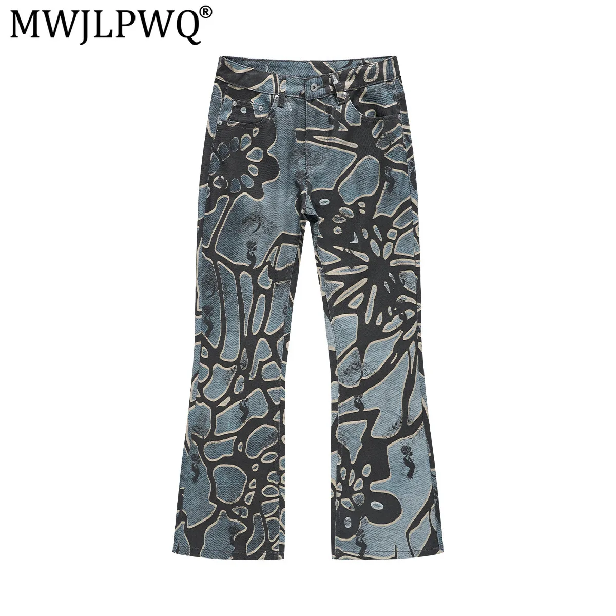 MWJLPWQ American-Style Cracked Print Flared Jeans For Men Blue Black Gradient Distressed Floor-Length Pant 2026 Autumn New 21471