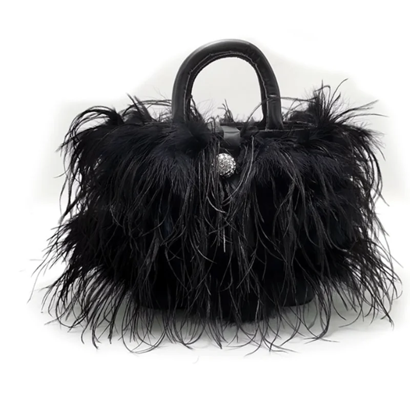 Luxury Fashion Ostrich Feather Party Evening Clutch Bag Women Wedding Purses and HandbagsShoulder Chain  Designer Bag