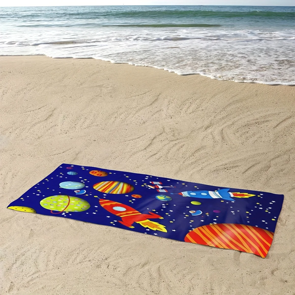 Ultra Soft Quick-Dry Beach Towel with Space Element Pattern Perfect Travel Essential for Little Boys Sand-Free Super Absorbent