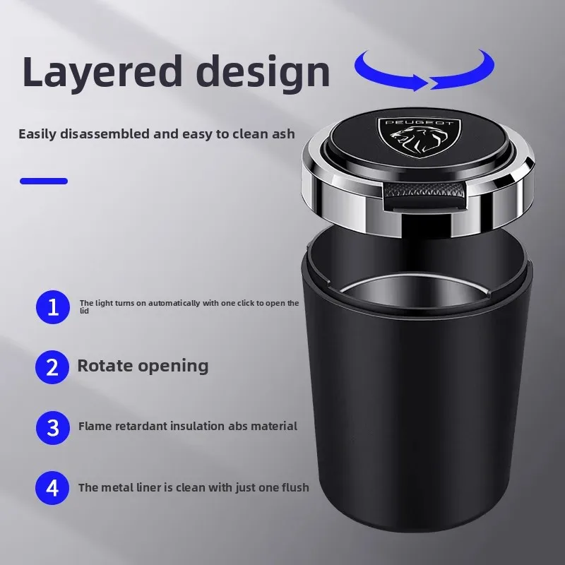 منفضة سجائر مثبتة على السيارة مع غطاء خزان داخلي معدني لبيجو جديد 307 2008/308/3008/5008/4008 مناسبة للسيارات