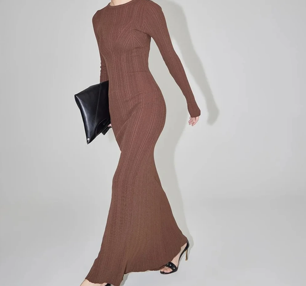 Sukienki zimowe damskie długa sukienka dzianinowa stójka obcisła czarna vintage ubrania długi rękaw dla kobiet brązowa