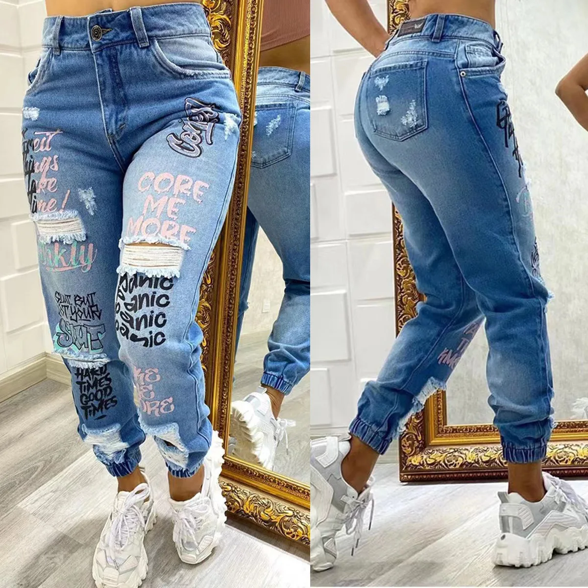 

New Fashion Letter - Printed Ripped Mom Jeans, Distressed Washed Denim, Slim Fit Ankle Pants for Women, Trendy Streetwear