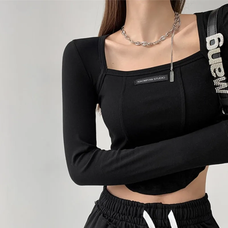 Square Collar Long Sleeve T-Shirt Women's Early Spring Korean Version Trend Design Short Style Spicy Base Shirt 