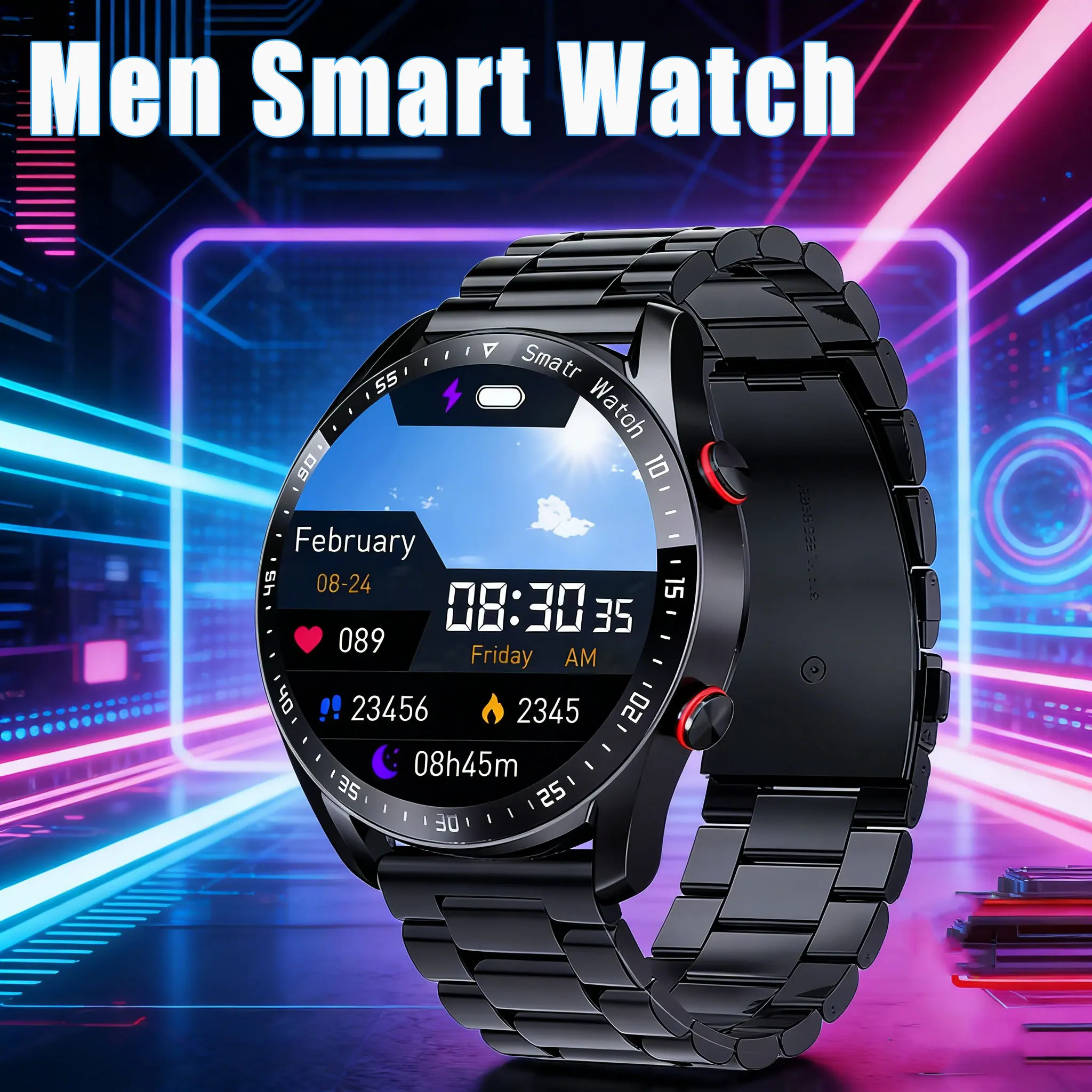 Montre connectée ECG + PPG pour hommes, avec appels Bluetooth, santé au laser, pression artérielle, fitness, sport, étanche, avec boîte
