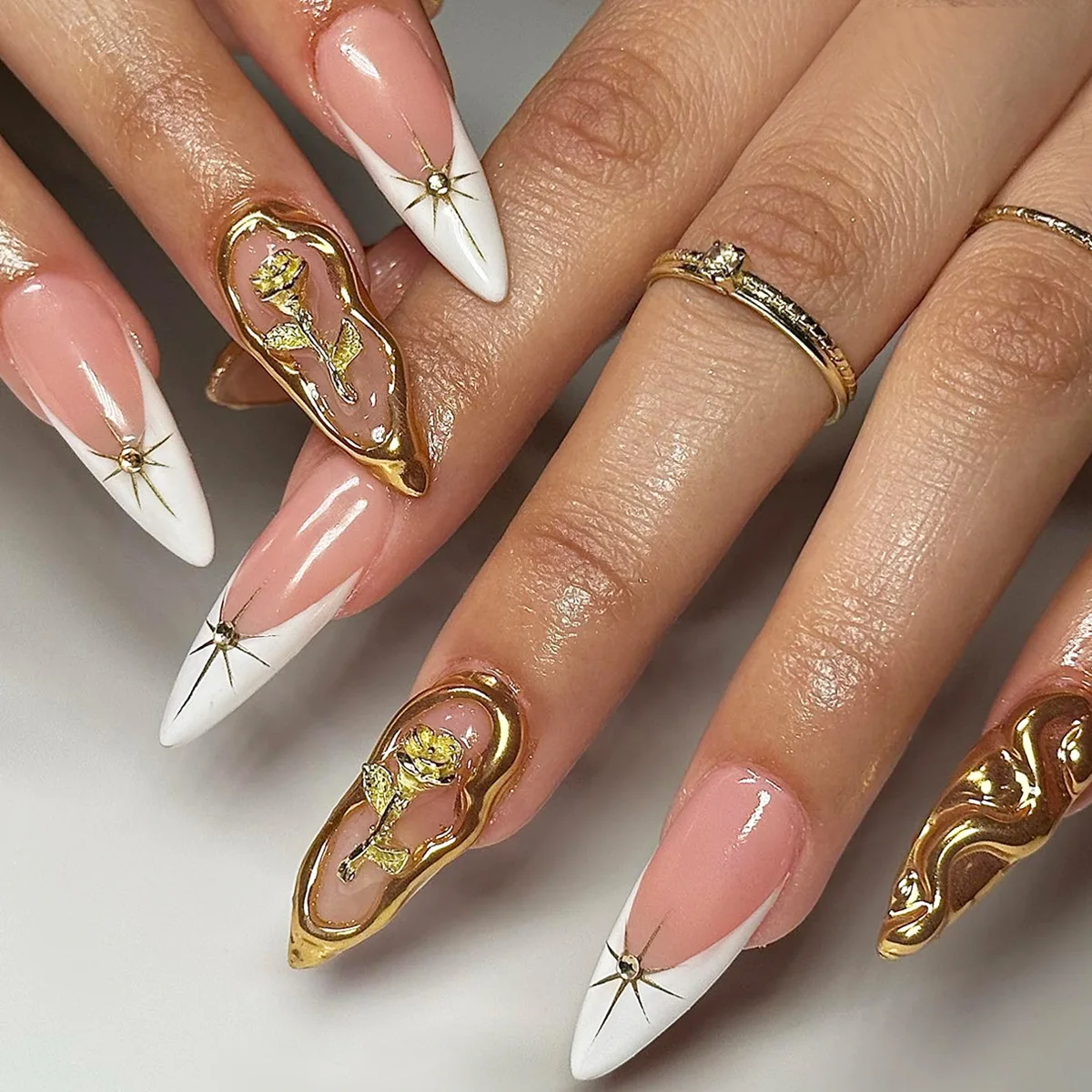 24Pcs Leopard Print French Almond Fake Nail with Golden Rose Stripe Stick on Mid-length Full Cover Detachable Acrylic False Nail view 4