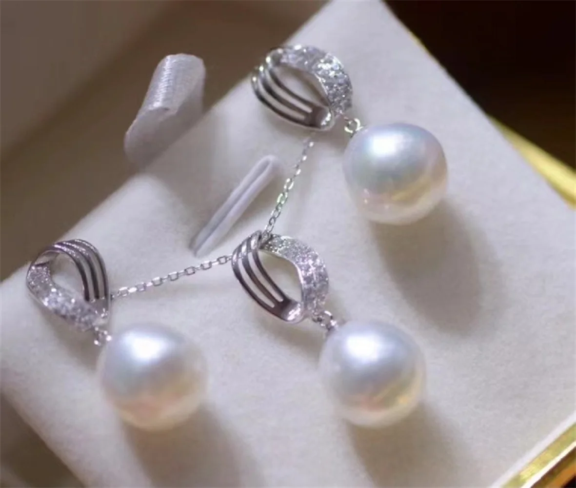 

AAAA+++ 10-11mm japan akoya white round pearl earring pendant set 18K copper gold-plated hollow out