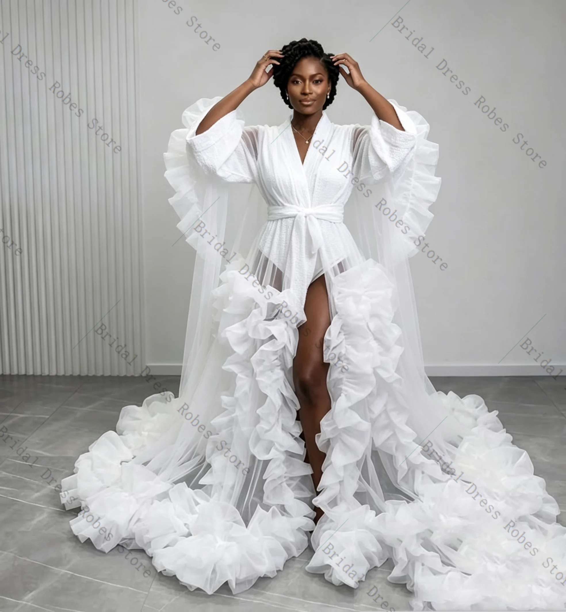 

White Sheer Women Prom Dress For Photoshoot Formal Sexy V Neck Full Sleeves Tiered Bridal Morning Robe Customized Night Gown