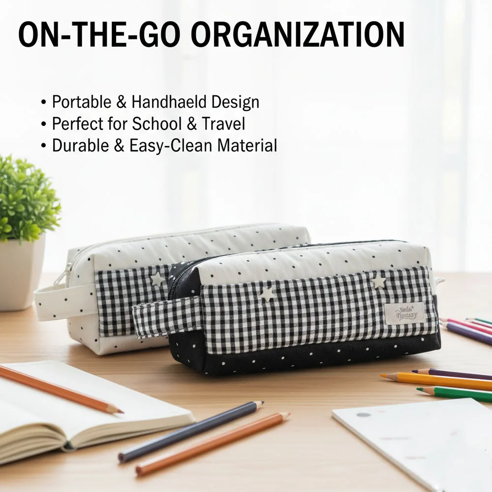 Ins Dot Plaid Star Pencil Case Canvas Pencil Pouch Multifunctional Stationery Storage Bag Students School Organizer Supplies