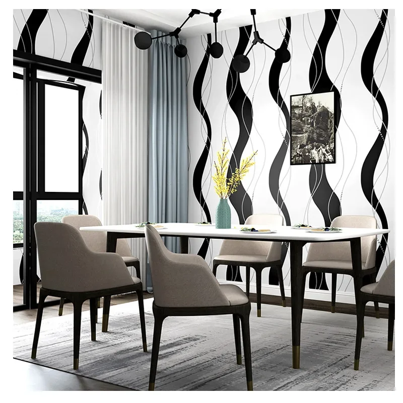 波状の壁紙黒と白の縦ストライプモダンなシンプルな幾何学北欧スタイルの寝室のリビングルームのテレビの背景の壁紙